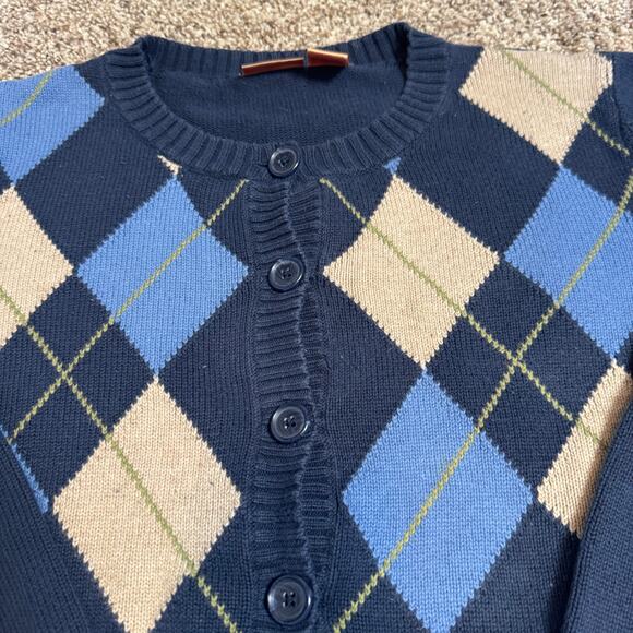 Y2K Vintage Argyle Cardigan NorthCrest L Blue Tan Cotton GUC Preppy Academia - Picture 3 of 8